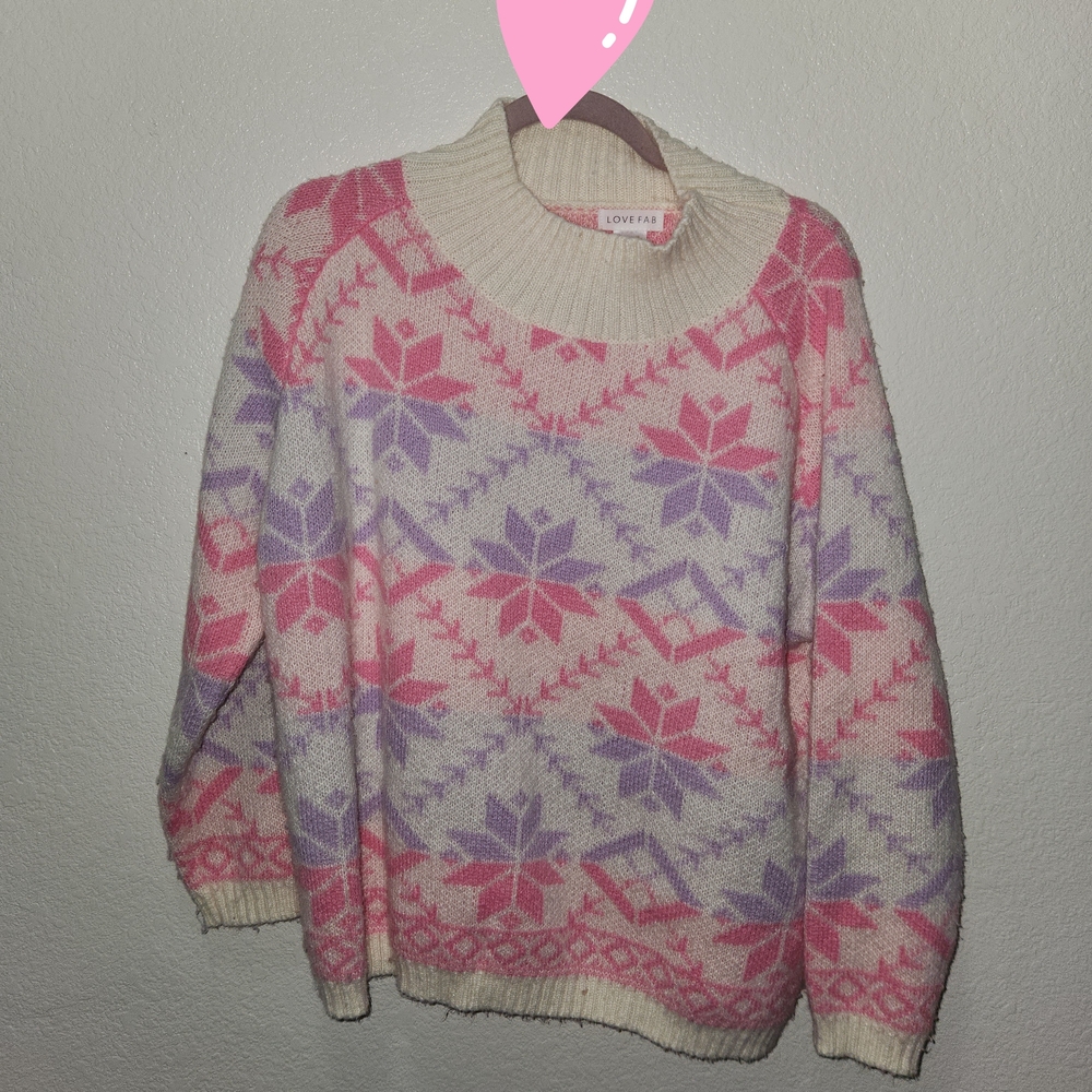Love Cream Crewneck Sweater with Pink & Purple